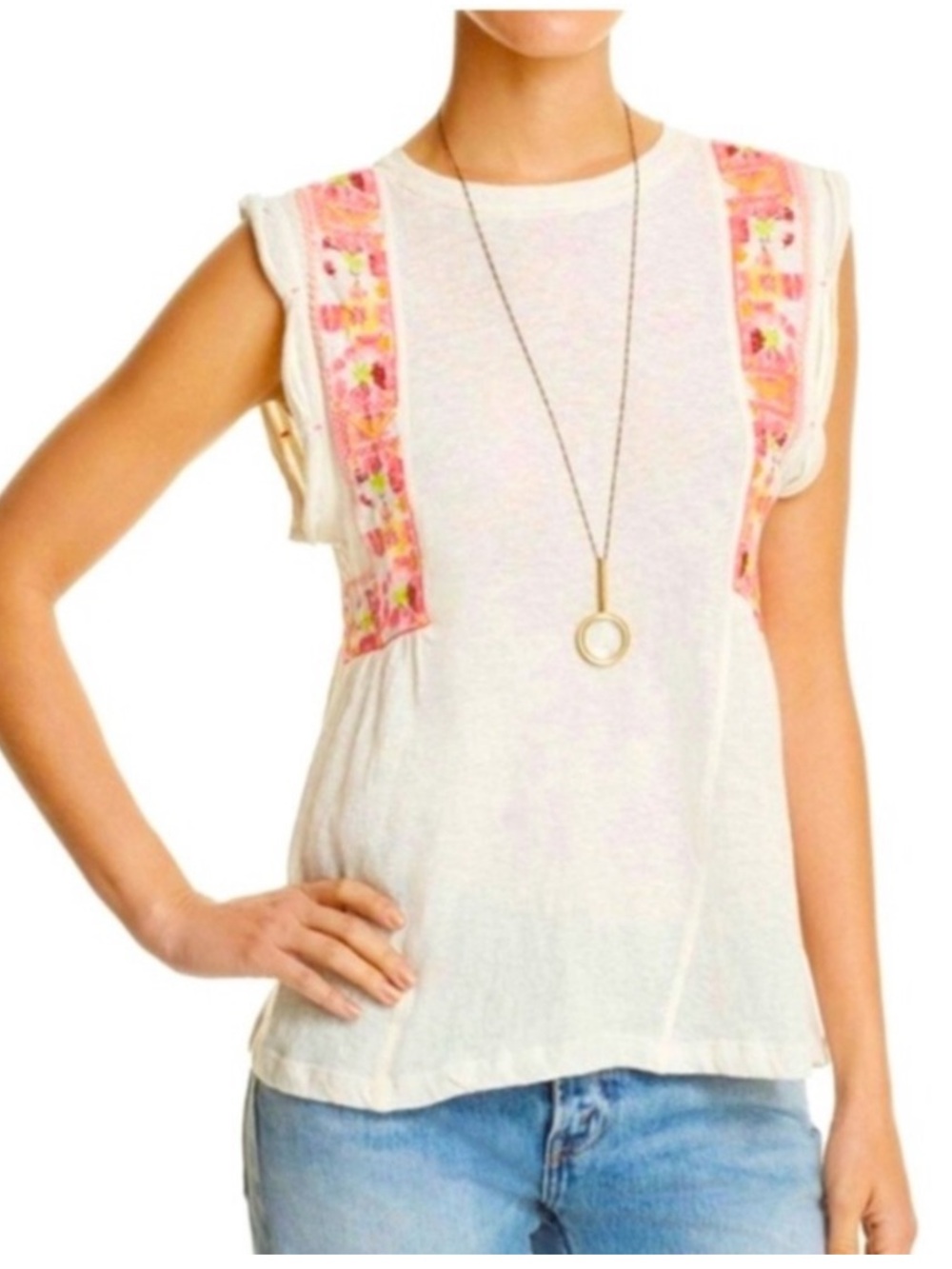 Free People Marcy White Hot Pink Embroidered Peplum Tank XS - Flawed